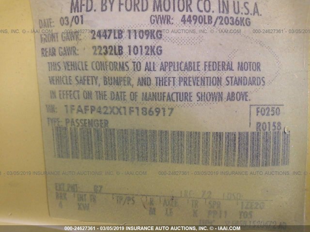 1FAFP42XX1F186917 - 2001 FORD MUSTANG GT YELLOW photo 9