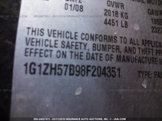 1G1ZH57B98F204351 - 2008 CHEVROLET MALIBU 1LT შავი ფოტო 9