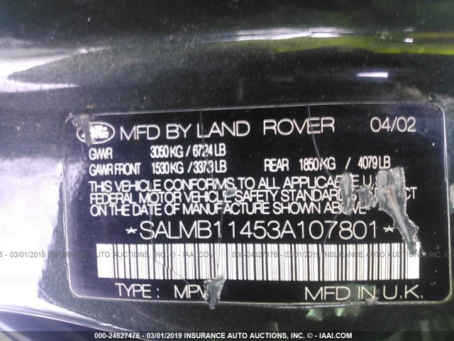 SALMB11453A107801 - 2003 LAND ROVER RANGE ROVER HSE GREEN photo 9