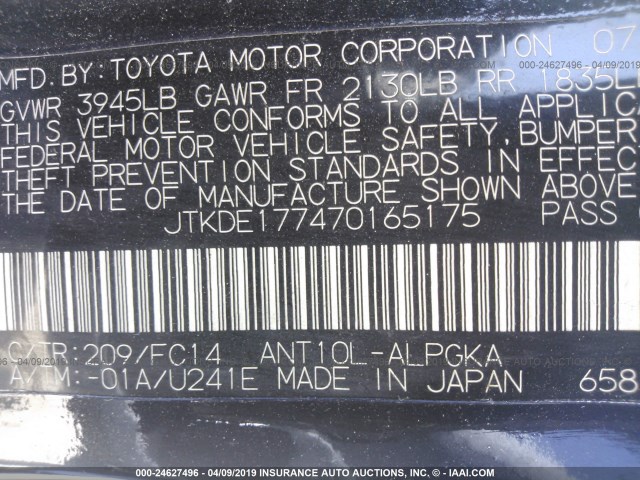 JTKDE177470165175 - 2007 TOYOTA SCION TC შავი ფოტო 9