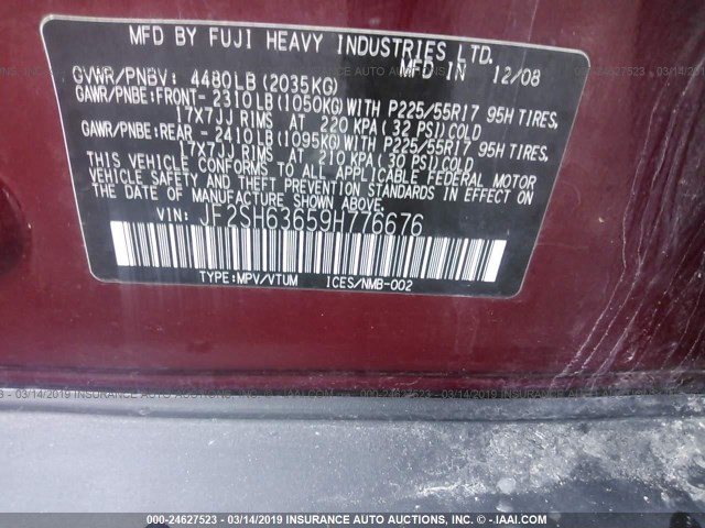 JF2SH63659H776676 - 2009 SUBARU FORESTER RED photo 9