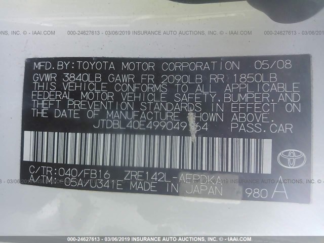 JTDBL40E499049164 - 2009 TOYOTA COROLLA LE/XLE WHITE photo 9