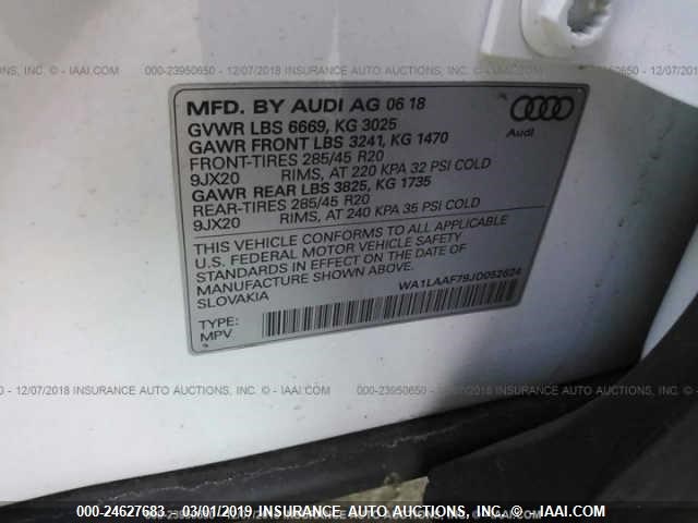 WA1LAAF79JD052624 - 2018 AUDI Q7 PREMIUM PLUS WHITE photo 9