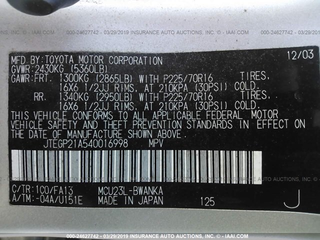 JTEGP21A540016998 - 2004 TOYOTA HIGHLANDER LIMITED SILVER photo 9