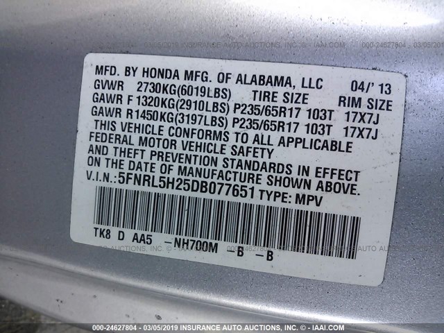 5FNRL5H25DB077651 - 2013 HONDA ODYSSEY LX SILVER photo 9