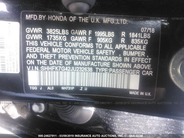 SHHFK7G42JU232638 - 2018 HONDA CIVIC SPORT 黑色 照片 9