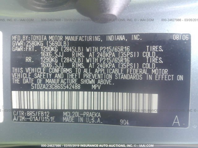 5TDZA23C86S542488 - 2006 TOYOTA SIENNA CE/LE Light Blue photo 9