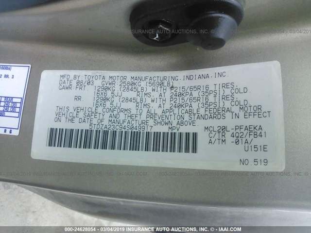 5TDZA23C94S049917 - 2004 TOYOTA SIENNA CE/LE GOLD photo 9