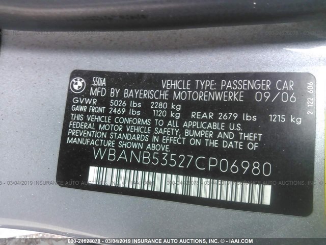 WBANB53527CP06980 - 2007 BMW 550 I GRAY photo 9