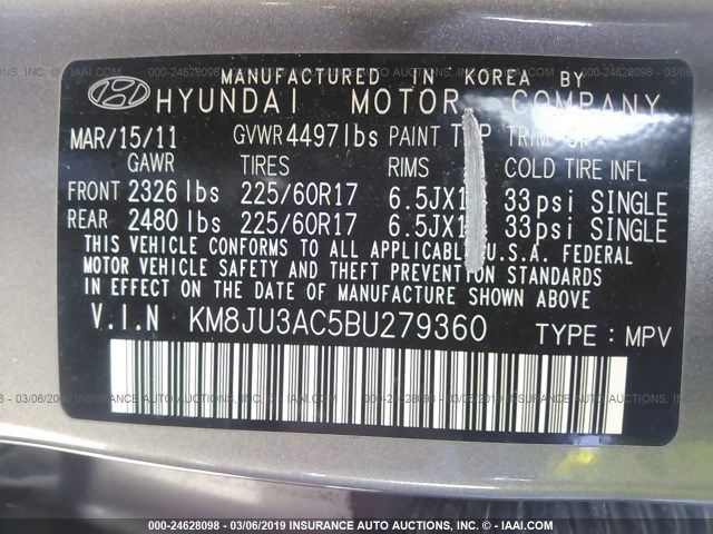KM8JU3AC5BU279360 - 2011 HYUNDAI TUCSON GLS/LIMITED 金色 照片 9