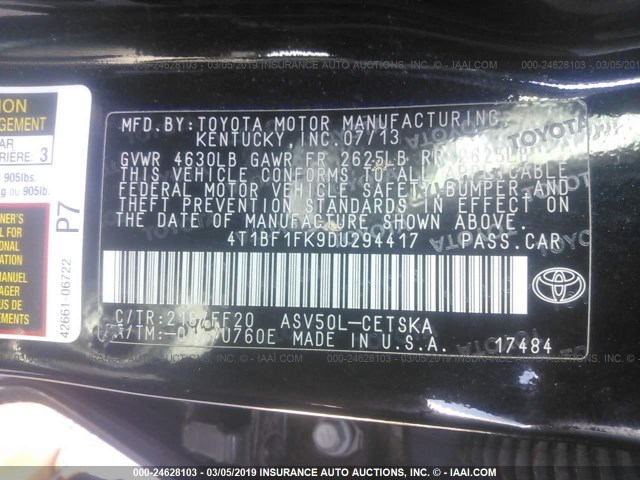 4T1BF1FK9DU294417 - 2013 TOYOTA CAMRY L/SE/LE/XLE 黑色 照片 9