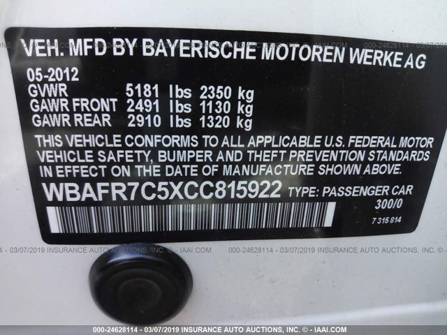 WBAFR7C5XCC815922 - 2012 BMW 535 I WHITE photo 9