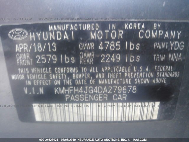 KMHFH4JG4DA279678 - 2013 HYUNDAI AZERA GLS/LIMITED GRAY photo 9