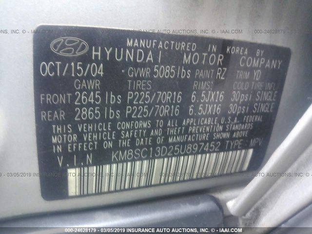 KM8SC13D25U897452 - 2005 HYUNDAI SANTA FE GLS/LX SILVER photo 9