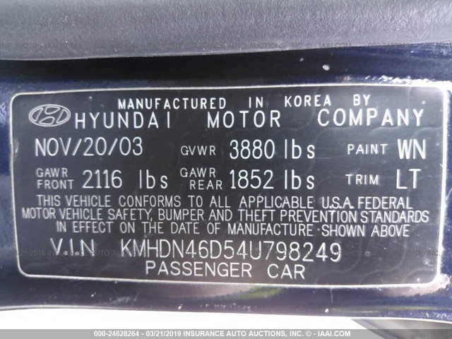 KMHDN46D54U798249 - 2004 HYUNDAI ELANTRA GLS/GT Dark Blue photo 9