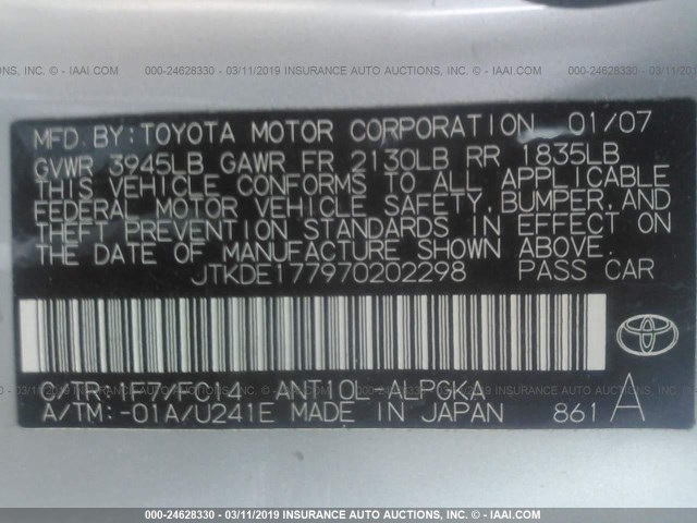 JTKDE177970202298 - 2007 TOYOTA SCION TC ვერცხლისფერი ფოტო 9