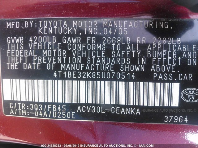 4T1BE32K85U070514 - 2005 TOYOTA CAMRY LE/XLE/SE BURGUNDY photo 9