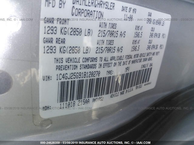 1C4GJ25G91B120270 - 2001 CHRYSLER VOYAGER SILVER photo 9