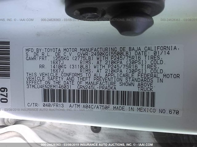 3TMLU4EN2EM146031 - 2014 TOYOTA TACOMA DOUBLE CAB 白色 照片 9