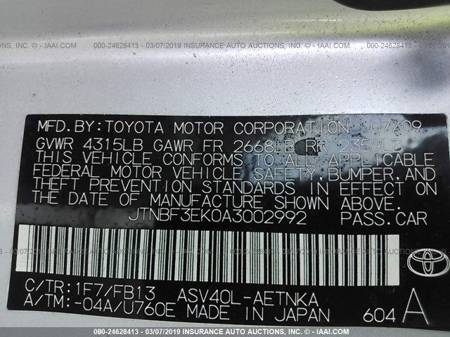 JTNBF3EK0A3002992 - 2010 TOYOTA CAMRY SE/LE/XLE SILVER photo 9