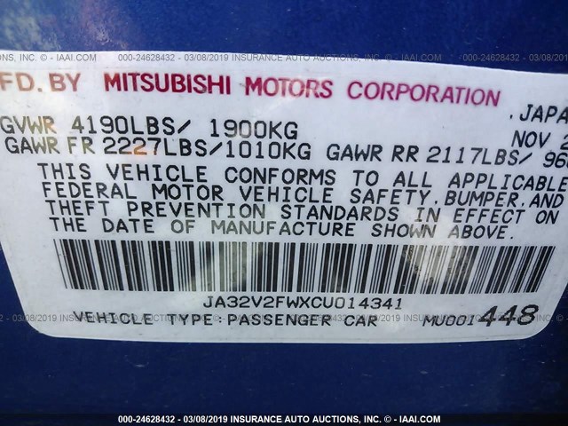 JA32V2FWXCU014341 - 2012 MITSUBISHI LANCER SE BLUE photo 9