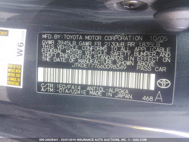 JTKDE177660098349 - 2006 TOYOTA SCION TC შავი ფოტო 9