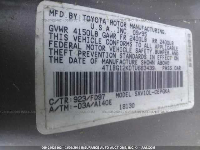 4T1BG12K0TU663439 - 1996 TOYOTA CAMRY DX/LE/XLE GRAY photo 9