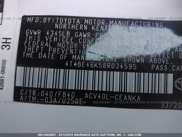 4T4BE46K58R034595 - 2008 TOYOTA CAMRY CE/LE/XLE/SE WHITE photo 9