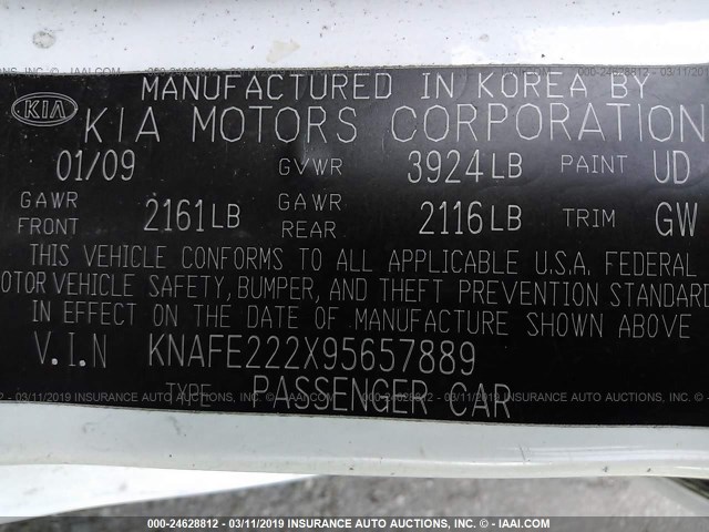 KNAFE222X95657889 - 2009 KIA SPECTRA EX/LX/SX WHITE photo 9