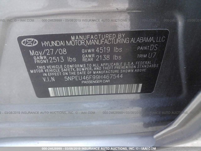 5NPEU46F99H467544 - 2009 HYUNDAI SONATA SE/LIMITED GRAY photo 9