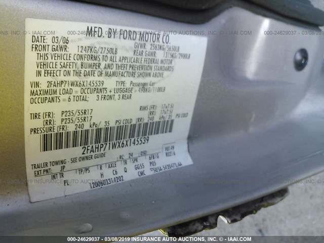 2FAHP71WX6X145539 - 2006 FORD CROWN VICTORIA POLICE INTERCEPTOR GRAY photo 9