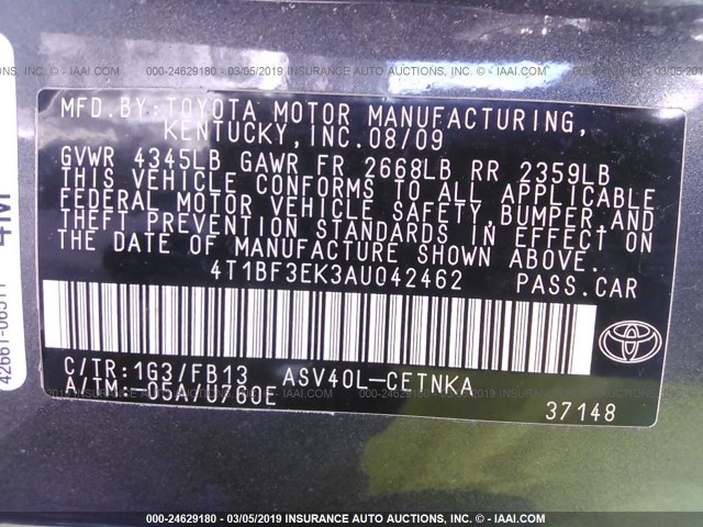 4T1BF3EK3AU042462 - 2010 TOYOTA CAMRY SE/LE/XLE 灰色 照片 9