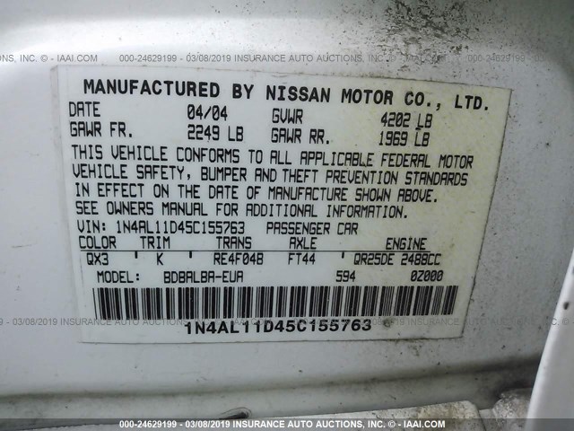 1N4AL11D45C155763 - 2005 NISSAN ALTIMA S/SL WHITE photo 9