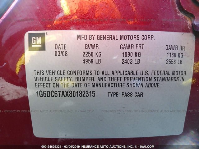 1G6DC67AX80182315 - 2008 CADILLAC STS RED photo 9
