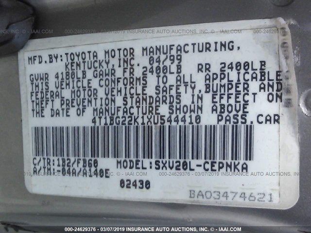 4T1BG22K1XU544410 - 1999 TOYOTA CAMRY CE/LE/XLE GRAY photo 9