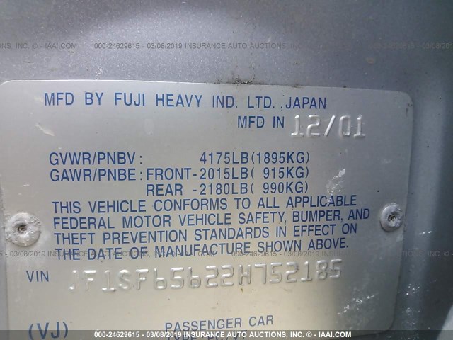 JF1SF65622H752185 - 2002 SUBARU FORESTER S SILVER photo 9