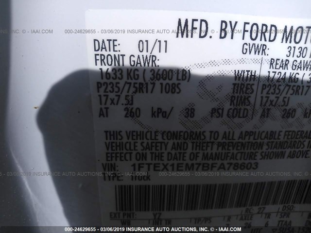 1FTEX1EM7BFA78603 - 2011 FORD F150 SUPER CAB WHITE photo 9