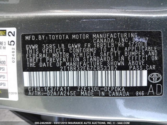 2T1BR32E67C853382 - 2007 TOYOTA COROLLA CE/LE/S GRAY photo 9