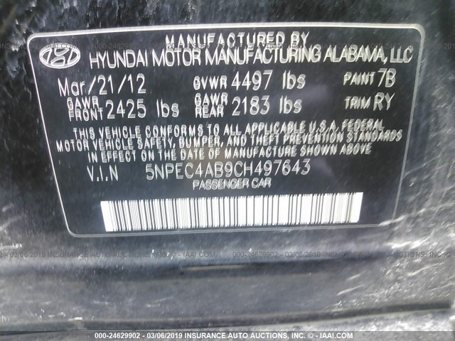 5NPEC4AB9CH497643 - 2012 HYUNDAI SONATA SE/LIMITED BLACK photo 9