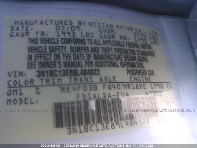 3N1BC13E89L484922 - 2009 NISSAN VERSA S/SL WHITE photo 9