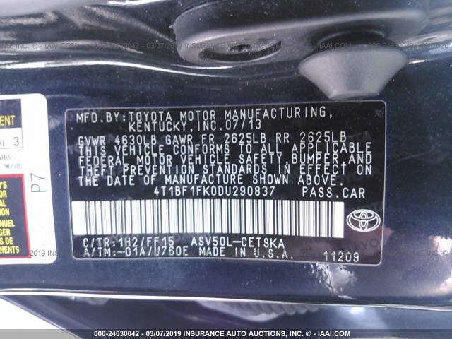 4T1BF1FK0DU290837 - 2013 TOYOTA CAMRY L/SE/LE/XLE 黑色 照片 9