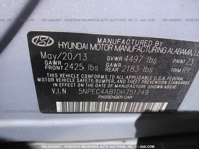 5NPEC4AB1DH751749 - 2013 HYUNDAI SONATA SE/LIMITED Light Blue photo 9