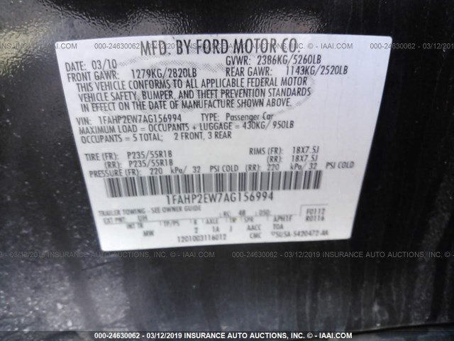 1FAHP2EW7AG156994 - 2010 FORD TAURUS SEL BLACK photo 9