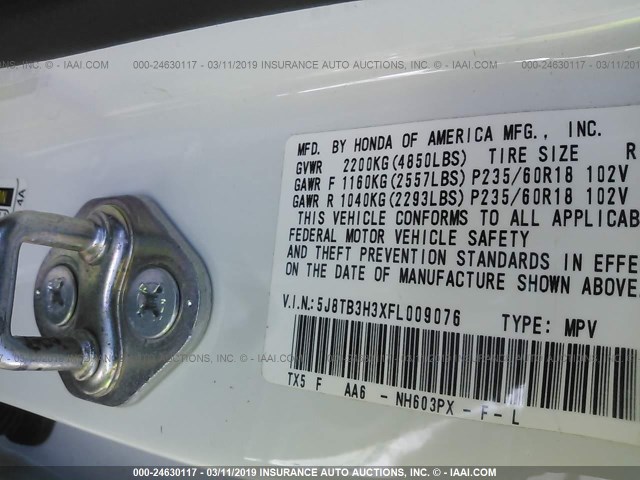 5J8TB3H3XFL009076 - 2015 ACURA RDX WHITE photo 9