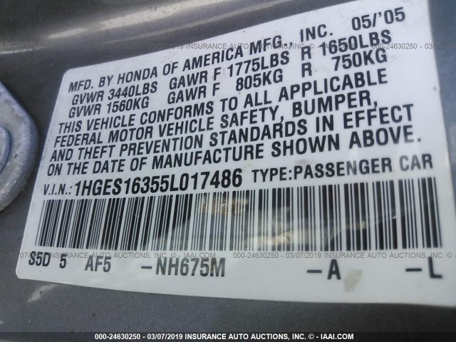 1HGES16355L017486 - 2005 HONDA CIVIC DX VP Boz foto 9