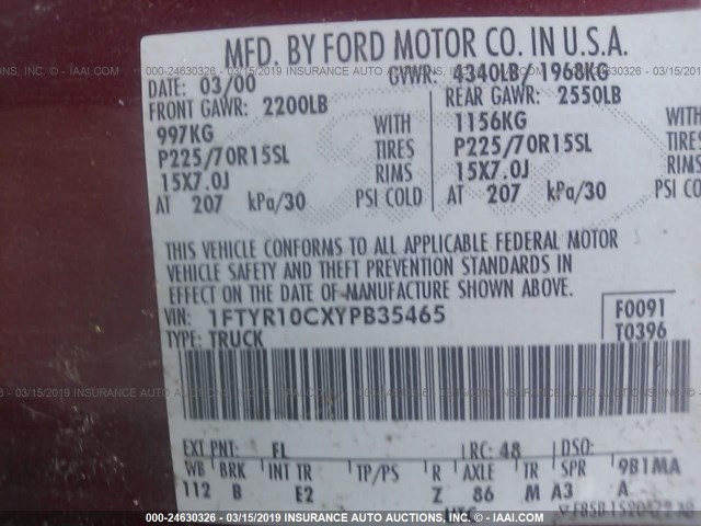 1FTYR10CXYPB35465 - 2000 FORD RANGER RED photo 9