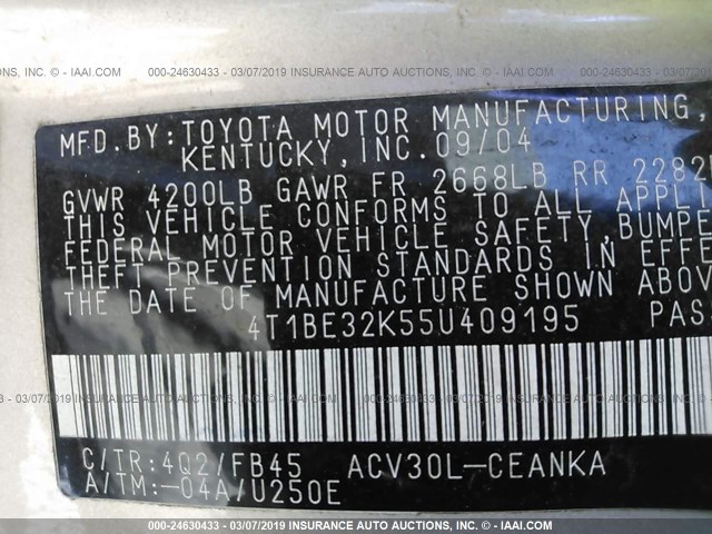 4T1BE32K55U409195 - 2005 TOYOTA CAMRY LE/XLE/SE TAN photo 9
