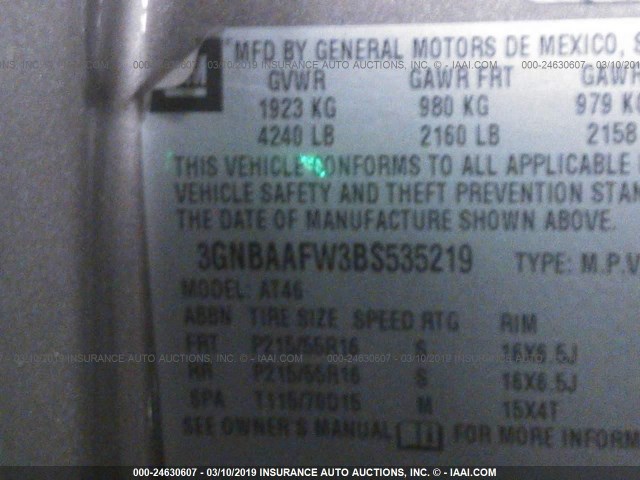 3GNBAAFW3BS535219 - 2011 CHEVROLET HHR LS Gris foto 9