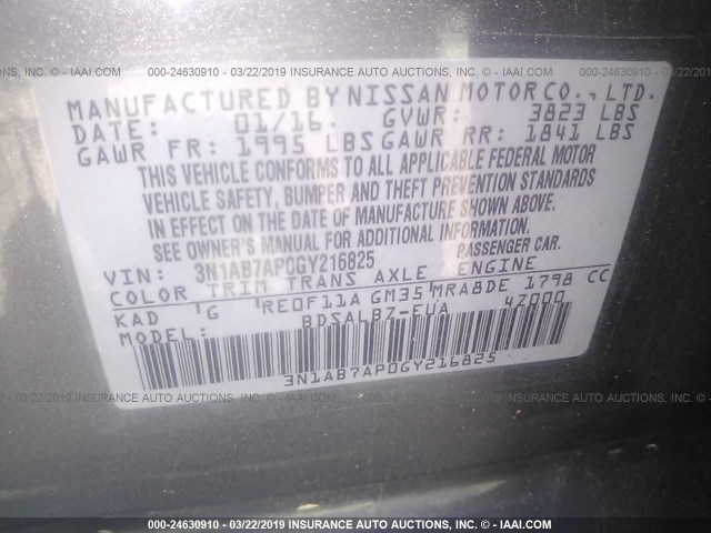 3N1AB7AP0GY216825 - 2016 NISSAN SENTRA S/SV/SR/SL GRAY photo 9