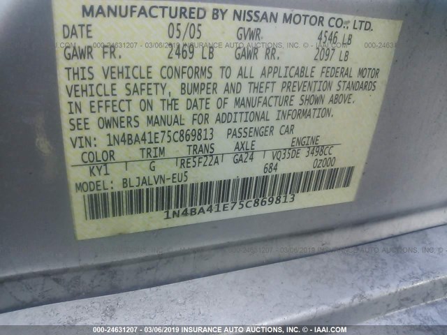 1N4BA41E75C869813 - 2005 NISSAN MAXIMA SE/SL SILVER photo 9